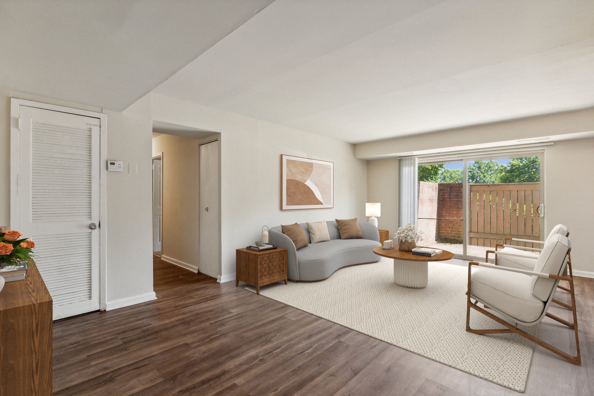 a living room with a couch and a table